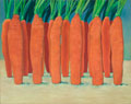 Karotten, wie Schornsteine in einer Monokultur, mit Ölfarben gemalt